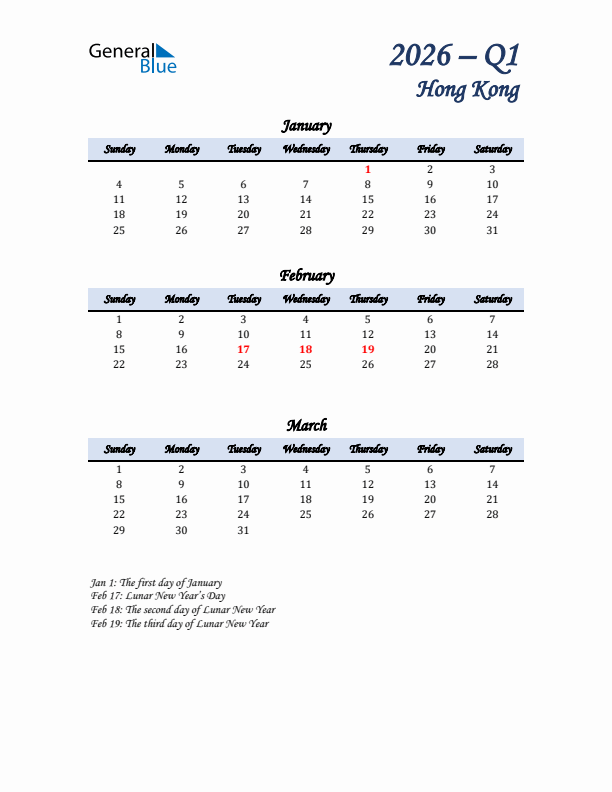 January, February, and March Calendar for Hong Kong with Sunday Start