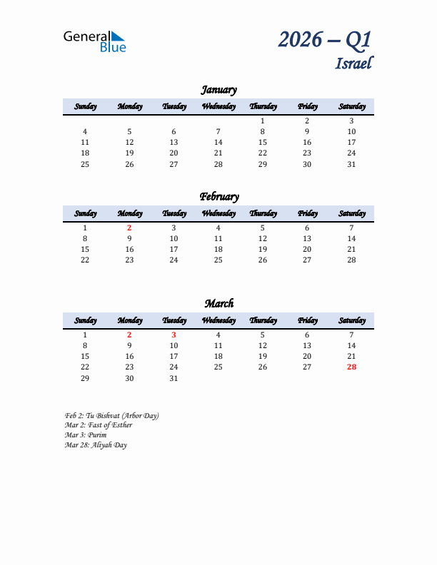January, February, and March Calendar for Israel with Sunday Start