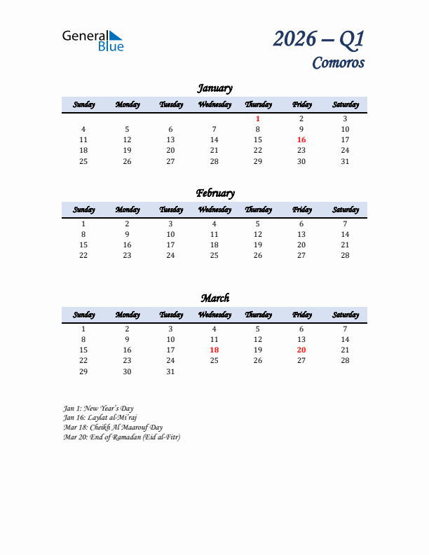 January, February, and March Calendar for Comoros with Sunday Start