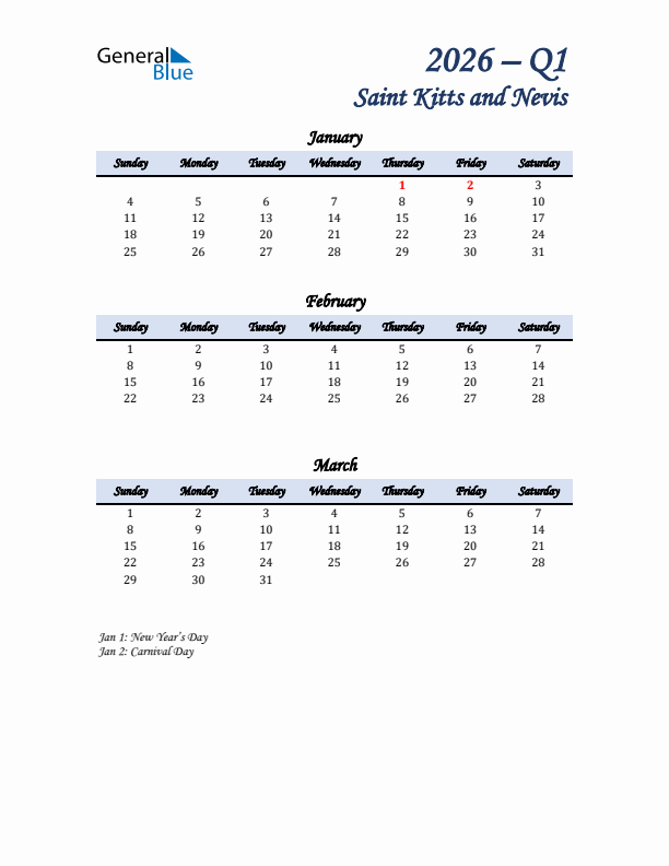January, February, and March Calendar for Saint Kitts and Nevis with Sunday Start