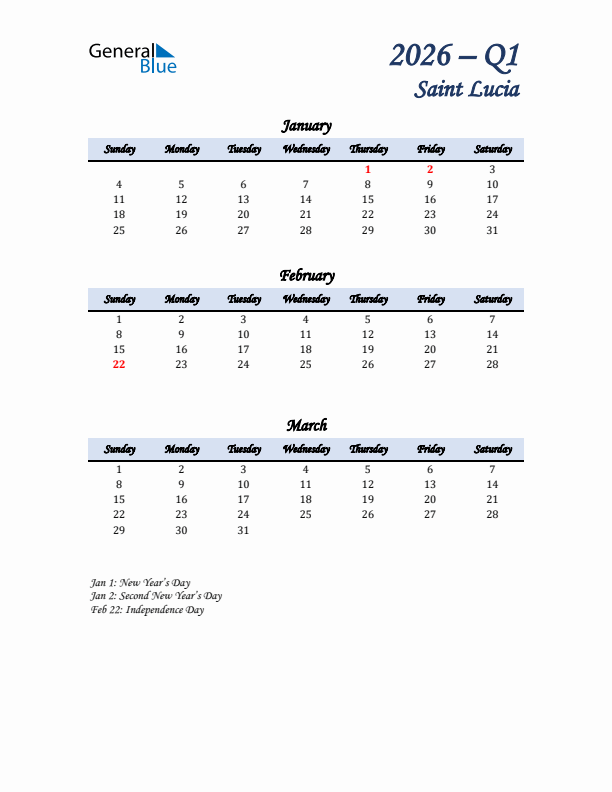 January, February, and March Calendar for Saint Lucia with Sunday Start
