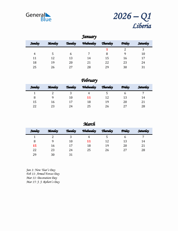 January, February, and March Calendar for Liberia with Sunday Start
