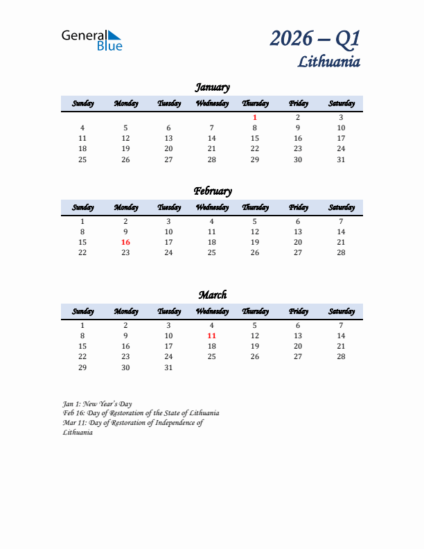 January, February, and March Calendar for Lithuania with Sunday Start