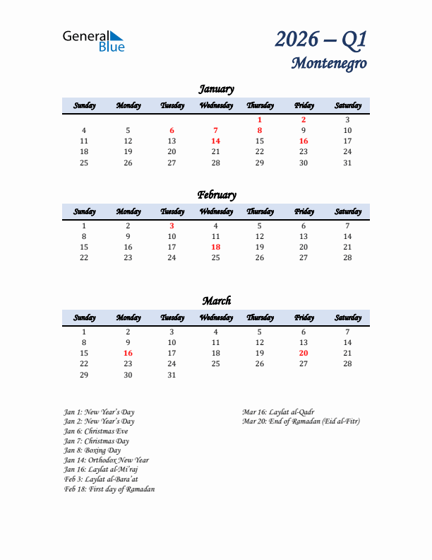 January, February, and March Calendar for Montenegro with Sunday Start