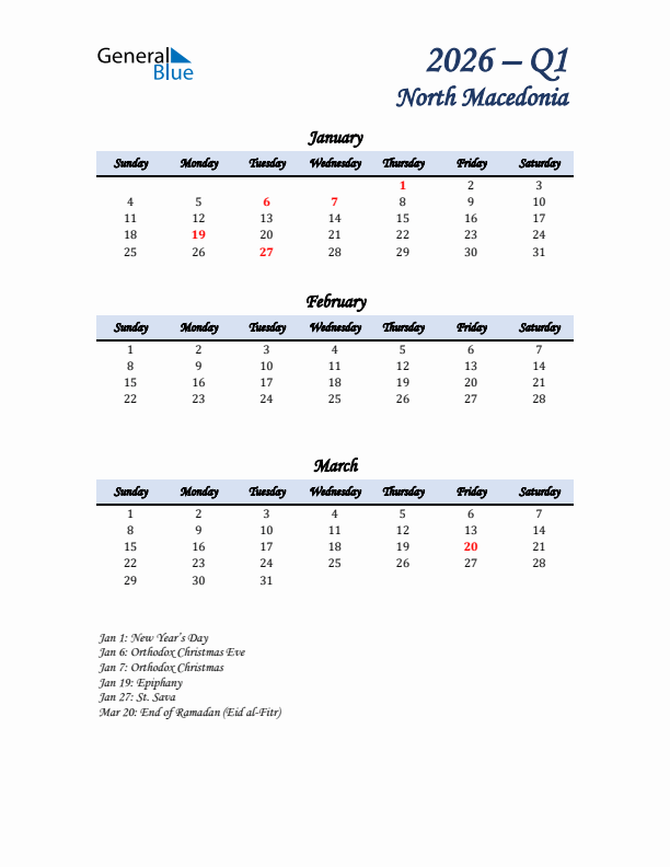 January, February, and March Calendar for North Macedonia with Sunday Start