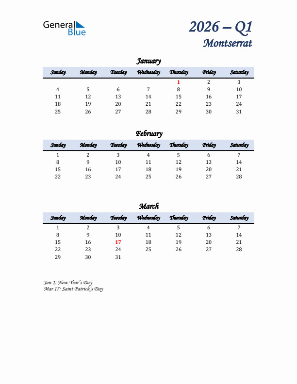 January, February, and March Calendar for Montserrat with Sunday Start