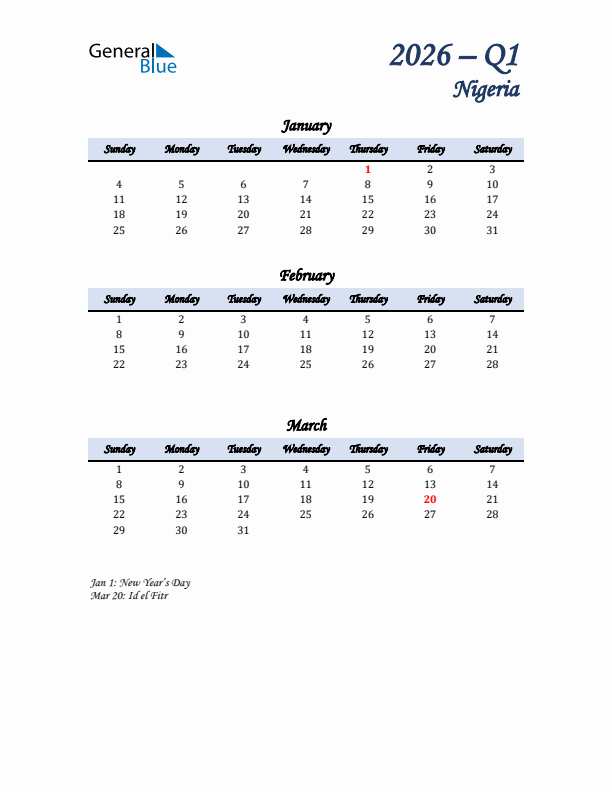January, February, and March Calendar for Nigeria with Sunday Start