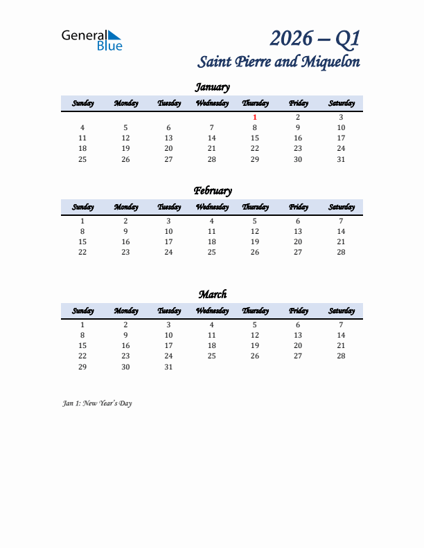 January, February, and March Calendar for Saint Pierre and Miquelon with Sunday Start