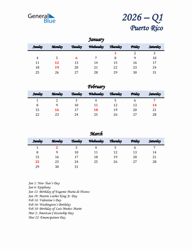 January, February, and March Calendar for Puerto Rico with Sunday Start