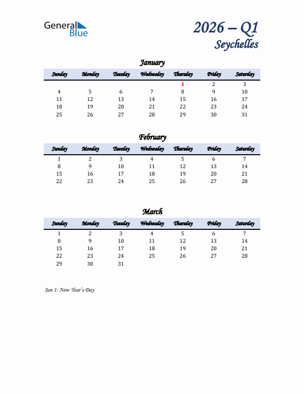 January, February, and March Calendar for Seychelles with Sunday Start