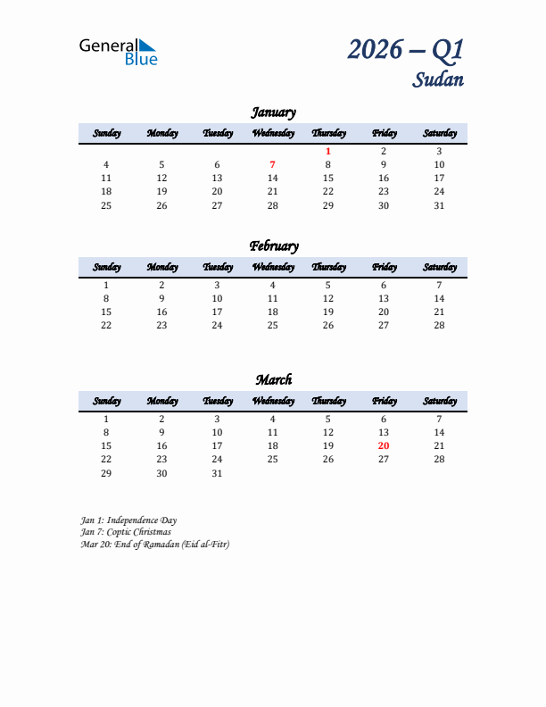 January, February, and March Calendar for Sudan with Sunday Start