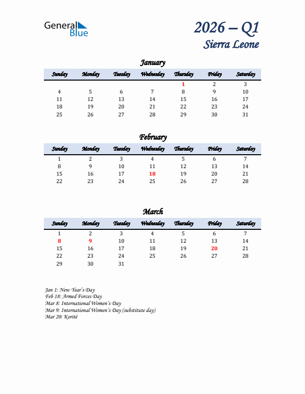 January, February, and March Calendar for Sierra Leone with Sunday Start