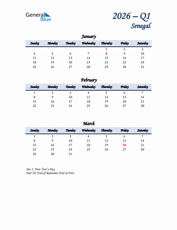 January, February, and March Calendar for Senegal with Sunday Start