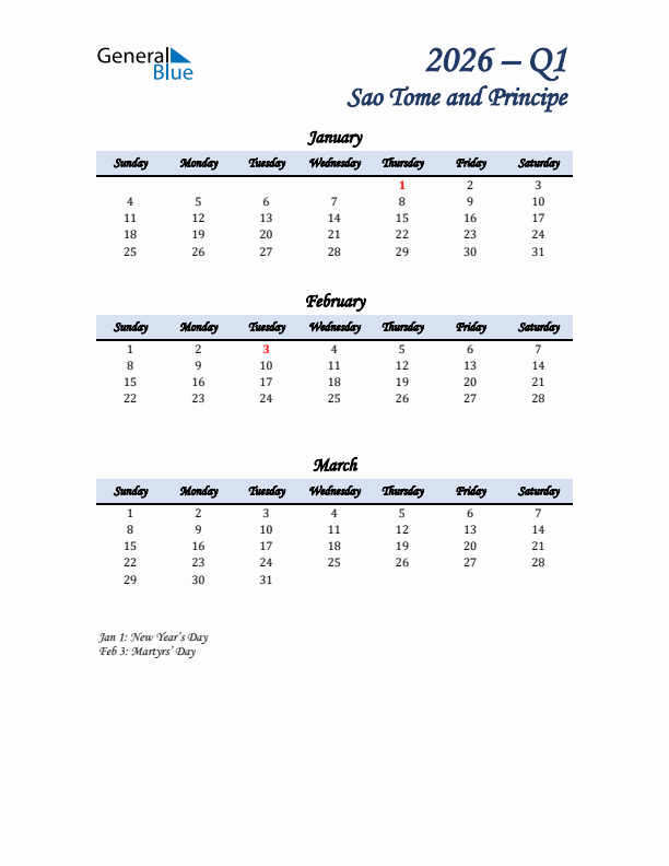 January, February, and March Calendar for Sao Tome and Principe with Sunday Start