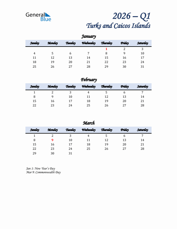 January, February, and March Calendar for Turks and Caicos Islands with Sunday Start