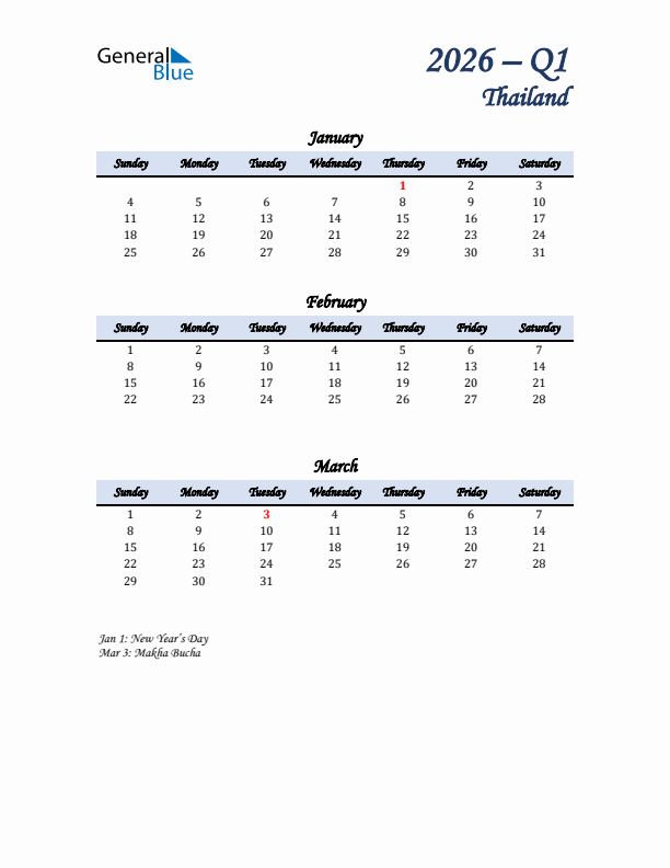 January, February, and March Calendar for Thailand with Sunday Start