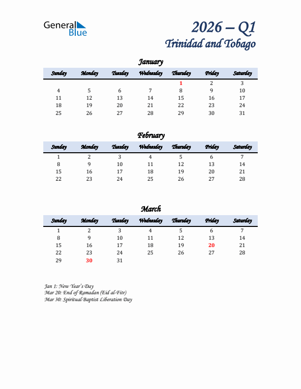 January, February, and March Calendar for Trinidad and Tobago with Sunday Start