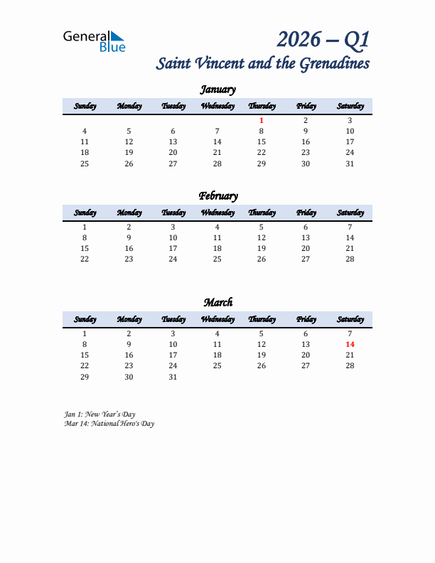 January, February, and March Calendar for Saint Vincent and the Grenadines with Sunday Start