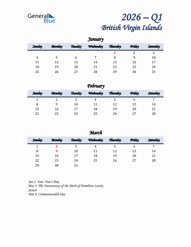 January, February, and March Calendar for British Virgin Islands with Sunday Start