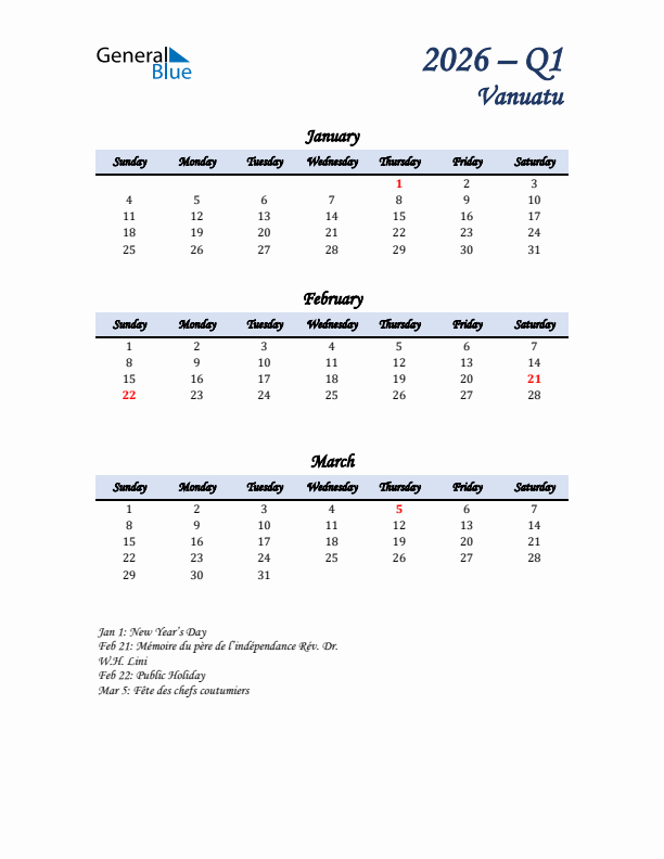 January, February, and March Calendar for Vanuatu with Sunday Start