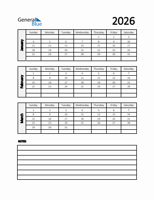 Quarter 1  2026 calendar template