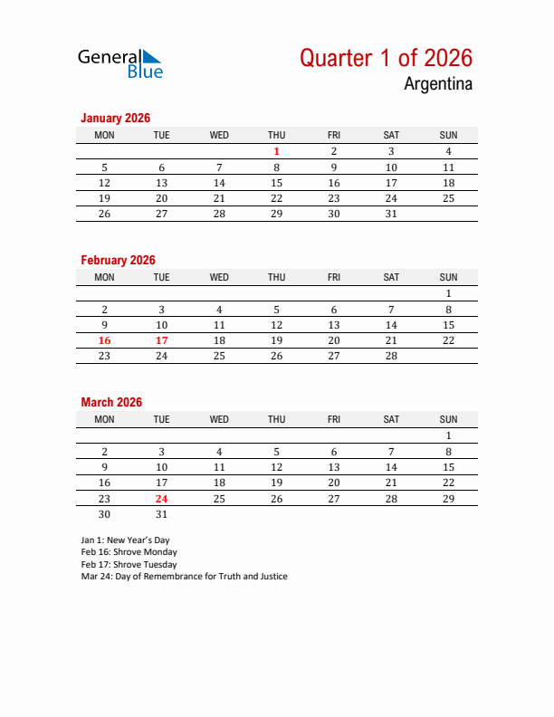 Printable Three Month Calendar with Argentina Holidays