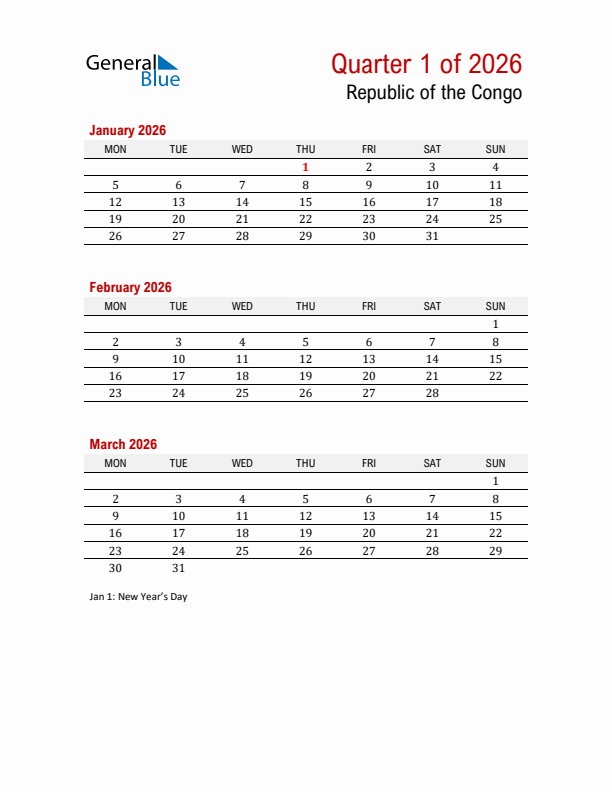 Printable Three Month Calendar with Republic of the Congo Holidays