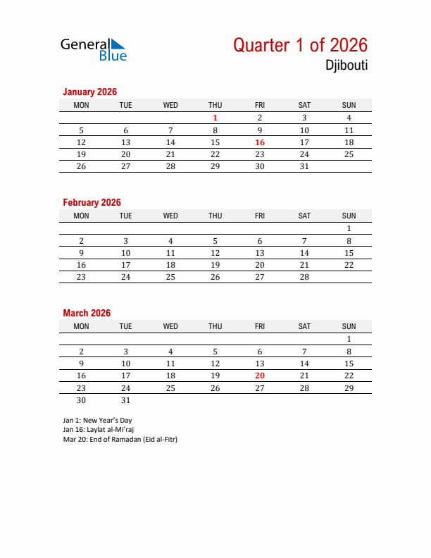 Printable Three Month Calendar with Djibouti Holidays