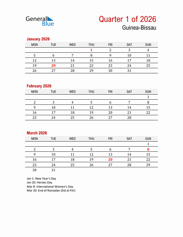 Printable Three Month Calendar with Guinea-Bissau Holidays