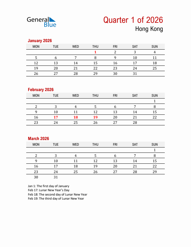 Printable Three Month Calendar with Hong Kong Holidays