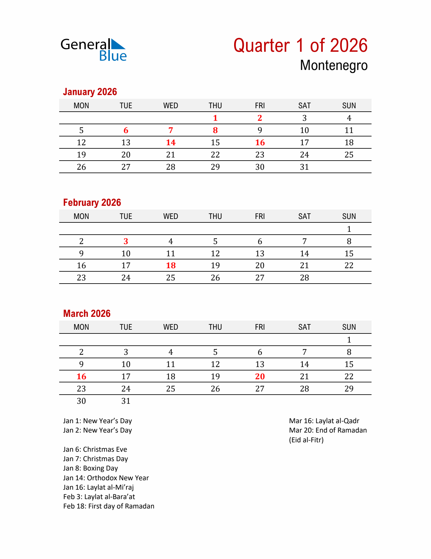 Printable Three Month Calendar with Montenegro Holidays