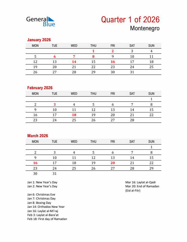 Printable Three Month Calendar with Montenegro Holidays