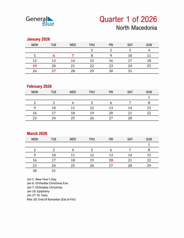 Printable Three Month Calendar with North Macedonia Holidays