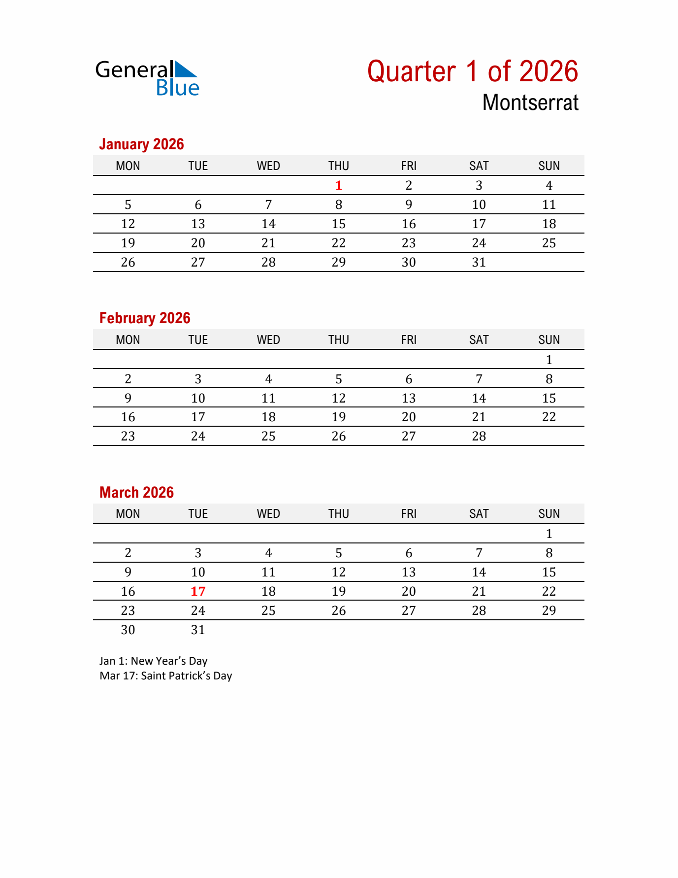 Printable Three Month Calendar with Montserrat Holidays
