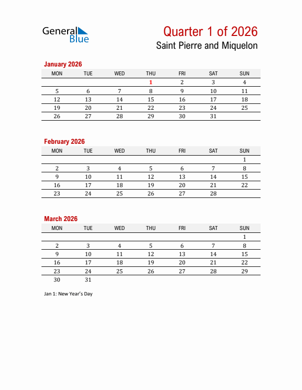 Printable Three Month Calendar with Saint Pierre and Miquelon Holidays