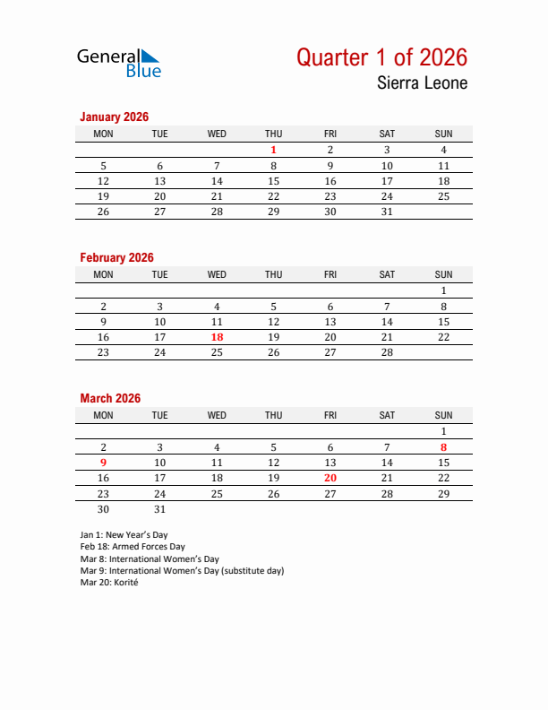 Printable Three Month Calendar with Sierra Leone Holidays