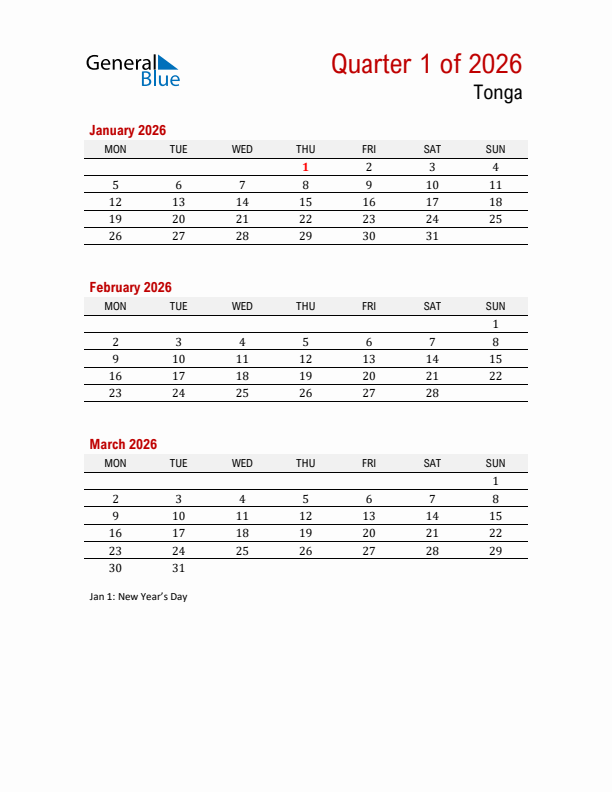 Printable Three Month Calendar with Tonga Holidays