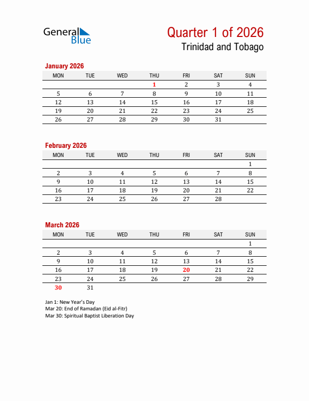 Printable Three Month Calendar with Trinidad and Tobago Holidays