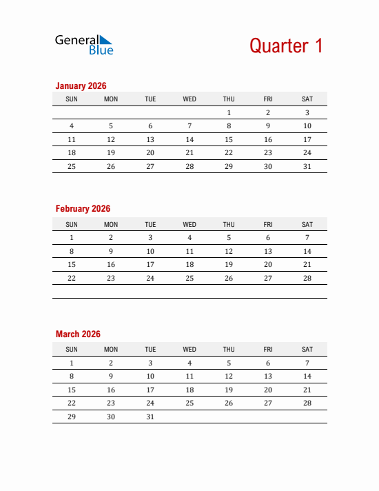 Quarter 1 2026 calendar template