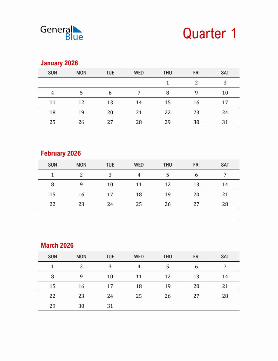 Quarter 1 2026 Calendar Printable (PDF, Word, Excel)