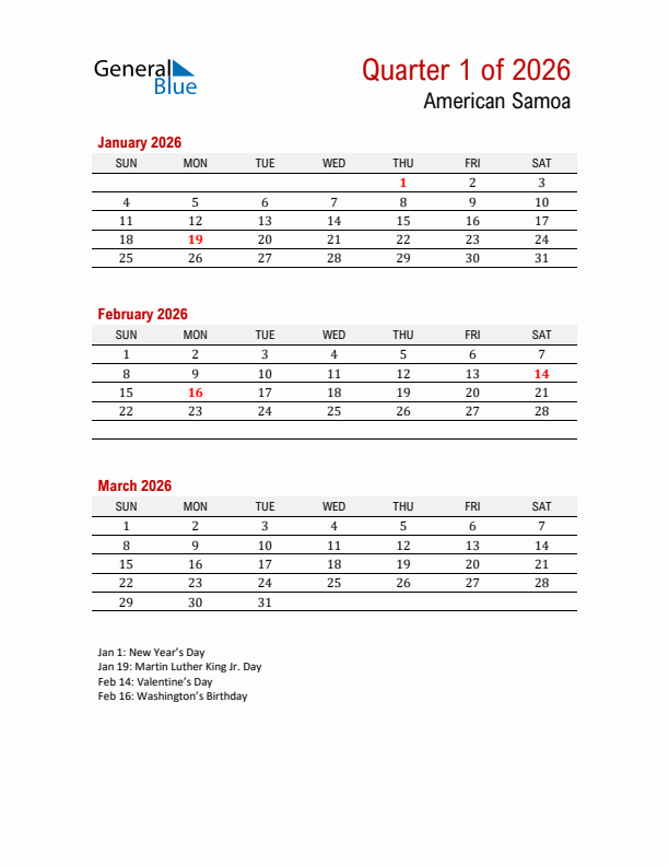 Printable Three Month Calendar with American Samoa Holidays