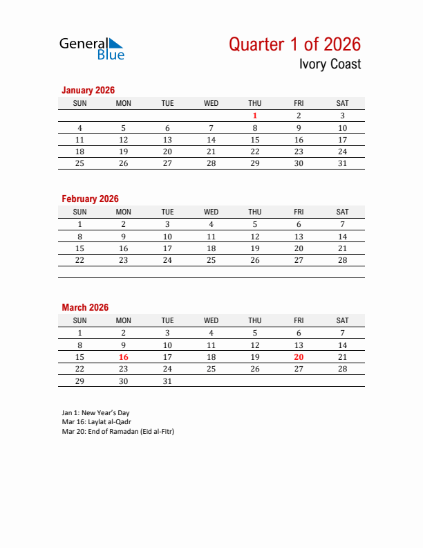 Printable Three Month Calendar with Ivory Coast Holidays