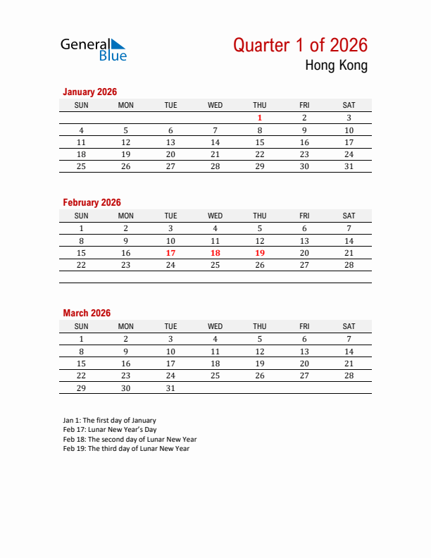 Printable Three Month Calendar with Hong Kong Holidays