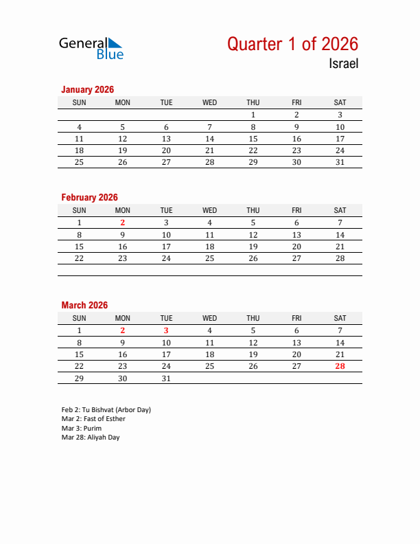 Printable Three Month Calendar with Israel Holidays