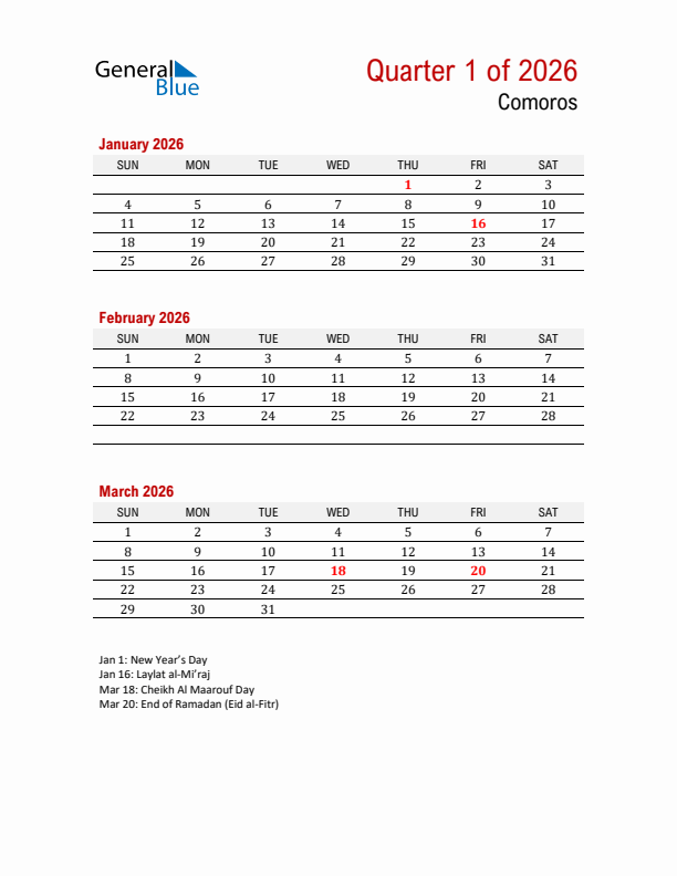 Printable Three Month Calendar with Comoros Holidays