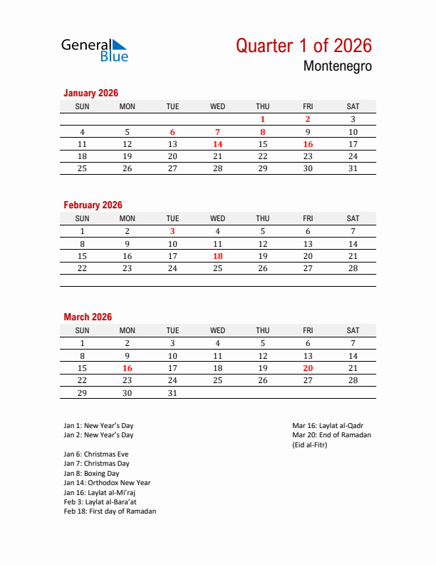 Printable Three Month Calendar with Montenegro Holidays
