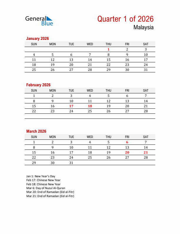 Printable Three Month Calendar with Malaysia Holidays