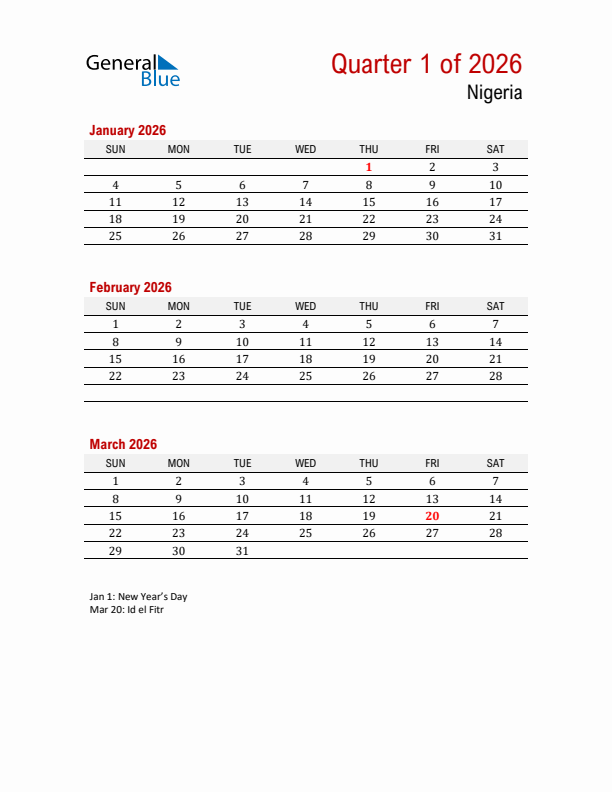 Printable Three Month Calendar with Nigeria Holidays