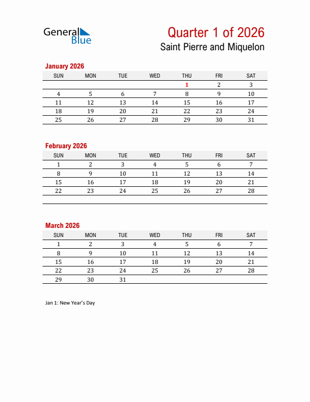 Printable Three Month Calendar with Saint Pierre and Miquelon Holidays