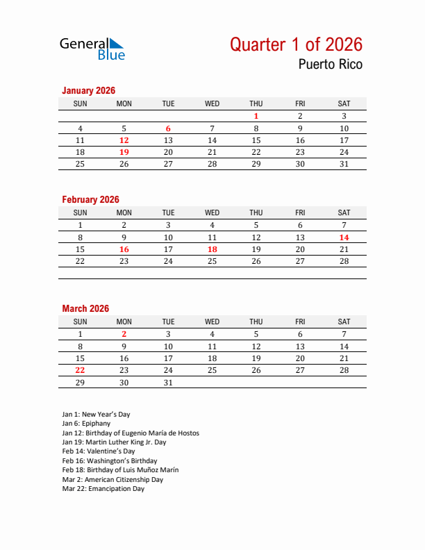 Printable Three Month Calendar with Puerto Rico Holidays